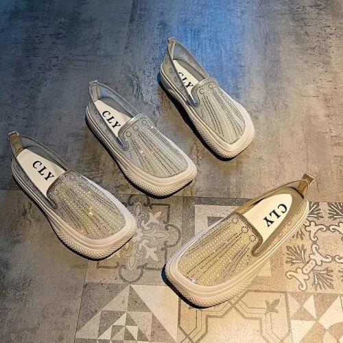 Rhinestones Air mesh loafers woman flats slip on summer crystal moccasins big square toe breathable sneakers women shoes 2021