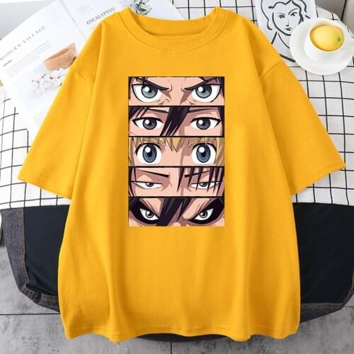 Attack On Titan Eyes Printed Womens Tee Shirt Hip Hop Loose Streetwear 2021 Summer Fashion Tops White Base Black T-Shirt Women