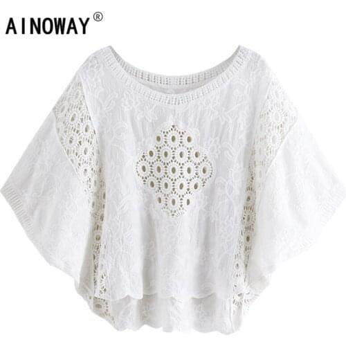 Vintage chic Women lace embroidery tops blouses shirt loose batwing sleeve beach boho white shirts blusas