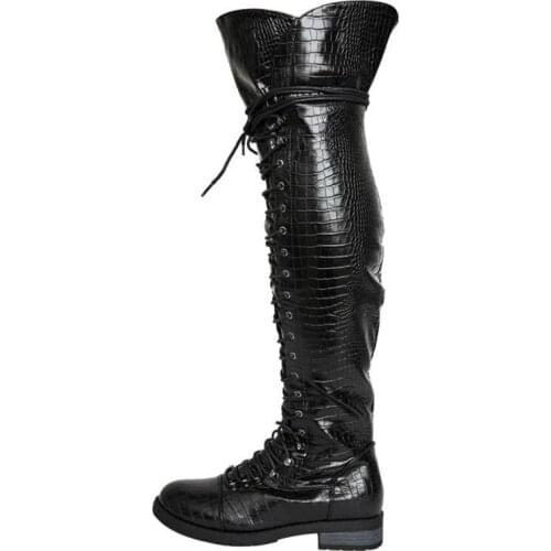 Crocodile Leather Over-the-knee Womens Boot Runway Show Round Toe Cross-tied Woman Boots Rome Style Leopard Leather Lady Shoes