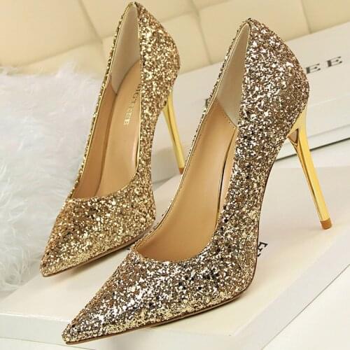 2021 Women 7cm 9.5cm High Heels Glitter Scarpins Pumps Plus Size Stiletto Wedding Bridal Gold Valentine Escarpins Crystal Shoes