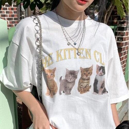 The Kitten Club Cute Printed Women Street Style Shirts White Cotton Vintage Short Sleeve Tops Plus Size Cotton Graphic Tees