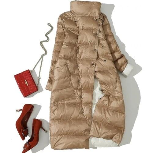 2021 Womens Reversible Down Long Coat Winter Turtleneck White Duck Down Jacket Double Breasted Warm Parka Snow Jacket