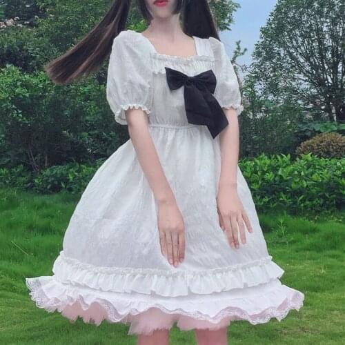 Japanese-Style Sweet Bowknot Fungus Square Collar Puff Sleeve High Waist Lolita Puff Ruffle Dress Female Summer lolita dress