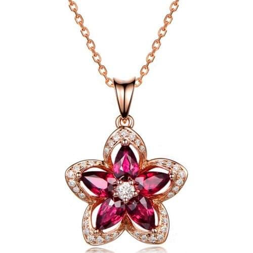 18K ROSE GOLD COLOR RUBY GEMSTONE PENDANT NECKLACE FOR WOMEN FEMME CHOKER CHAIN RED CRYSTAL STAR ZIRCON DIAMONDS JEWELRY GIFT