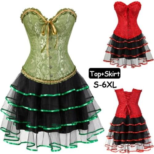 Womens Sexy Green Red Lace up Bustiers Boned Gothic Corset Bustier Dress Set Tutu Skirt sexy Plus Size lingerie Ruffles corsele