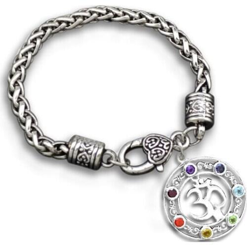 OM Yoga Religious Heart Bracelet Alloy Metal Floating 7 Crystal Chakra Pendant Charms Bracelets Retro Jewelry