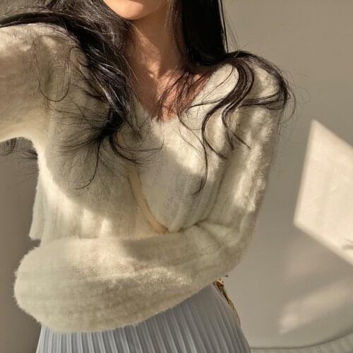 HziriP 2021 Korean Fashion All-Match O-Neck Wool Full Sleeves Office Lady Solid Pullover Folds Sweater Slim Cross Sweater