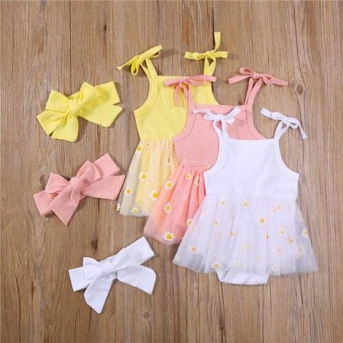 3 Colors Newborn Baby Girls Romper Dress Summer Princess Girls Sling Knitted Daisy Print Tulle Romper Jumpsuits Dress Headband
