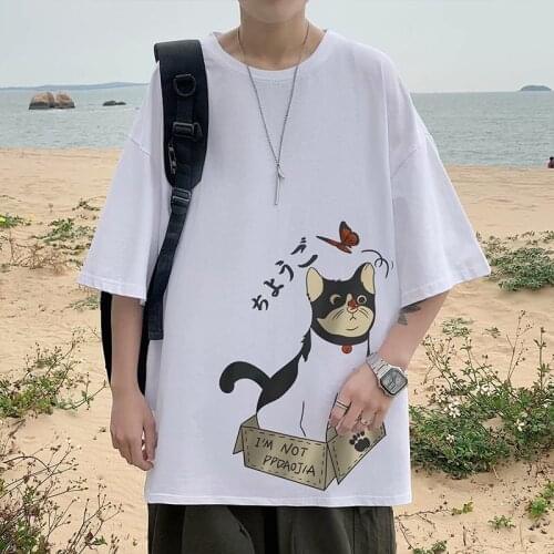 Summer MenS Loose Oversized T-Shirt Harajuku Graffiti Cat Print White Plain Cotton Short-Sleeved Streetwear 2021 T-Shirt M-5XL
