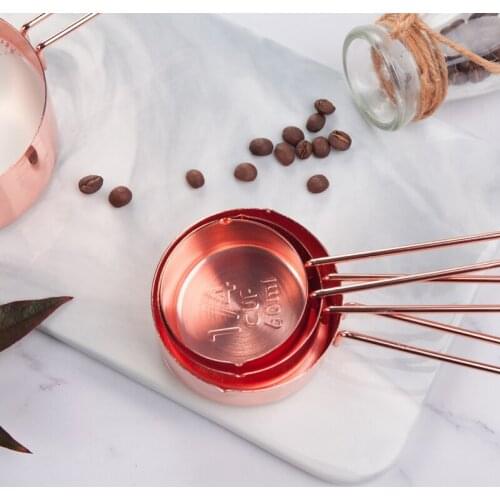 NHBR Rose gold Stainless Steel Measuring Cups and Spoons set of 8 Engraved Measurements Pouring Spouts Mirror Polished