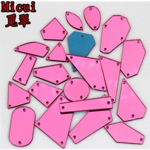 Micui 20pcs Many Shapes Mirror Fuchsia Acrylic Rhinestones With Holes Flat Back Sew On Stone For Dress Decortaions MC997