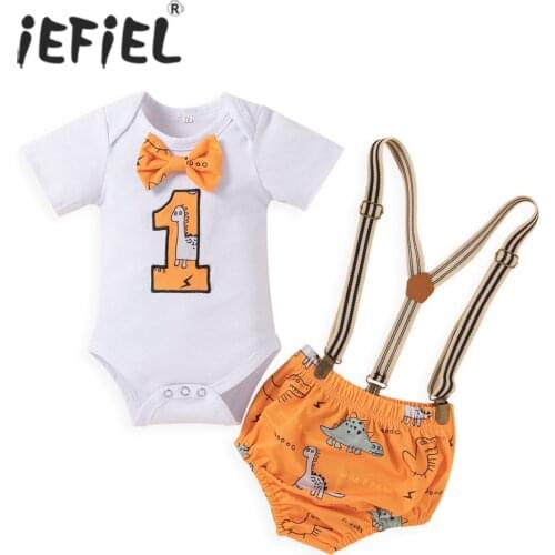 One Year Baby Boy Clothes 1st First Birthday Outfit 1ST Gentleman Tie Romper Cartoon Dinosaur Print Strap Shorts Kids Wear