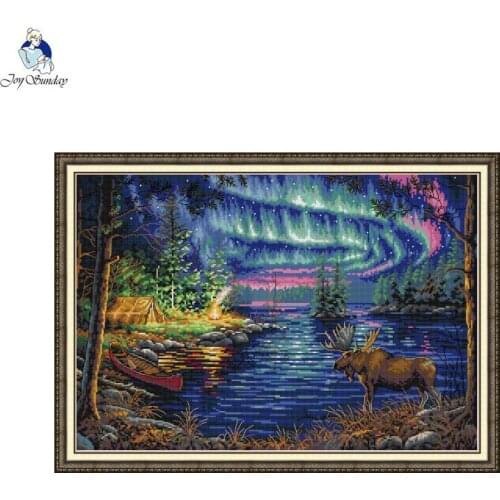 Northern Lights Scenery Pattern Cross Stitch Kits DIY Art Pattern 11CT 14CT Canvas Printing Needlework Embroidery Kit Home Decor