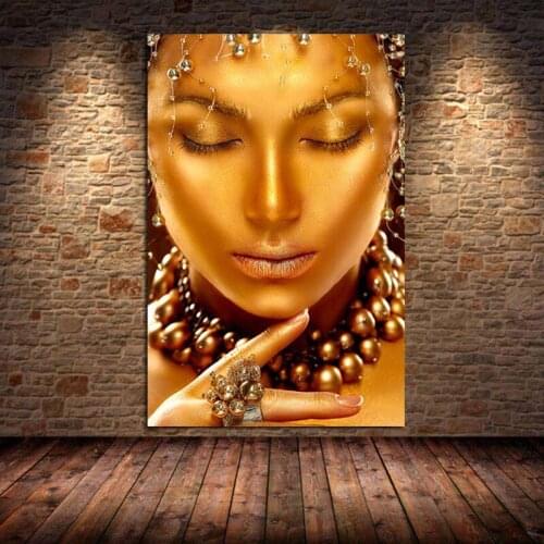 Gold Black Woman Canvas Painting With Golden Ornaments Posters Prints Wall Art Pictures for Living Room Cuadros Decor Unframed