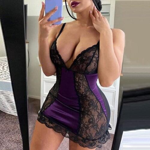 2021 New Lady Sexy Deep V-neck Lace Patchwork Mini Bandage Dress Summer Spaghetti Strap Mesh See-through Skinny Women Bow Dress