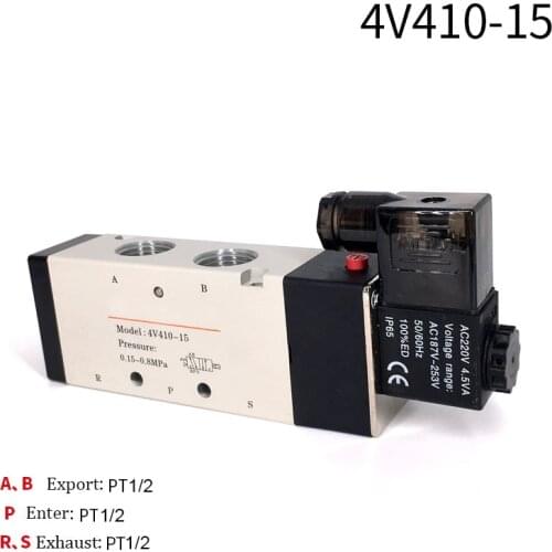 Pneumatic Valve Electric Solenoid Valve 4v410-15 Control Air Gas Magnetic 5 Way 2 Position DC12V 24V AC110V 220V Coil Volt