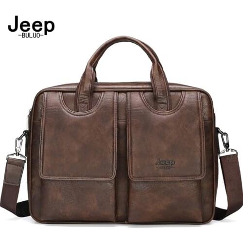 JEEP BULUO Mens Bags split leather Briefcase Travel Case Easy to Carry Multifunctional Large Space Handbag 14-inch Computer Bag