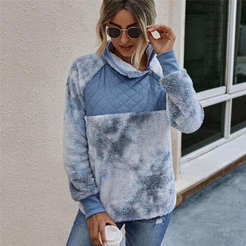 Women Winter Tie Dye Sherpa Sweater Turtleneck Fluffy Pullover Chic Streetwear High Quality Patch Teddy Sweaters