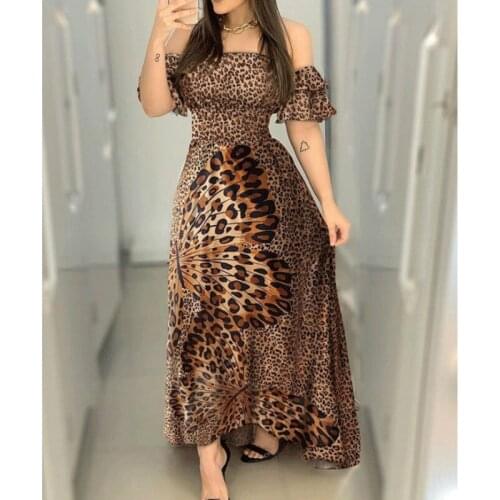 Plus Size XXL Vintage Butterfly Leopard Print Dress Women Boho Short Sleeve Long Dress Sexy Slash Neck Casual Dresses New