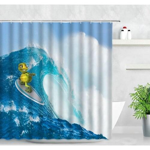 Cartoon Ocean Turtle Surf Shower Curtains Sea Wave Creative Children Bathroom Decor Waterproof Polyester Fabric Bath Curtain Set