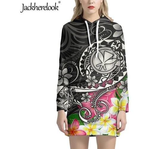 Jackherelook Sweatshirt Dress For Women Long Hoodies Hawaii Polynesian Turtle Plumeria Print Female Loose Pullover Hoodie Mujer