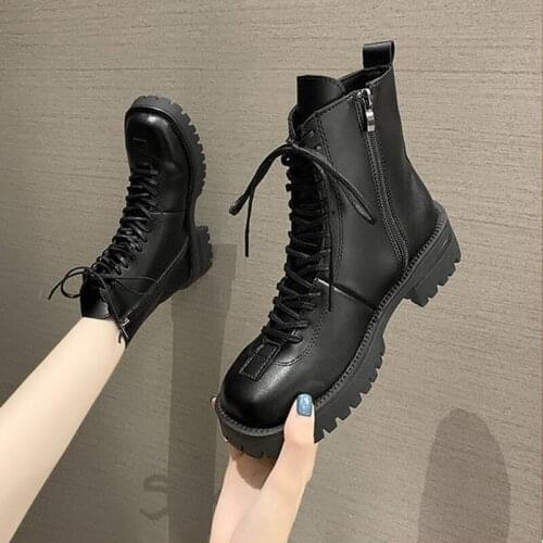 Womens Boots New Ladies Thick-heel Motorcycle Boots Female Side Zipper Ankle Boots Black Lace-up Casual Shoes zapatos de mujer