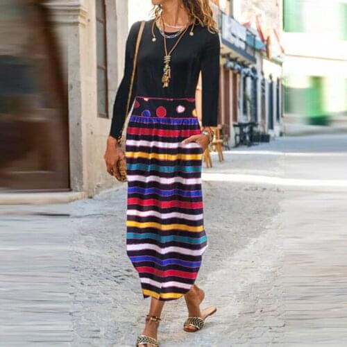 2021 new striped print 0-neck pocket long party dress spring elegant 0-neck dress ladies casual long-sleeved loose A-line dress