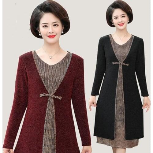 Middle Age Woman Autumn Dress 2019 Long Sleeve Casual Loose Dress Midi Elegant Older Women Dress Shiny Plus Size Xl 5Xl AA4935