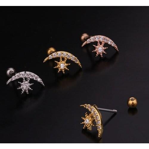1 PCS Cute Small Micro Pave CZ Moon Star Shape Ear Cartilage Piercing Stud Earring Gold Color Steel Bar Ball Helix Earring