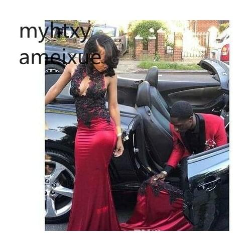 2020 South African Mermaid Dark Red Sexy Prom Dresses Black Girls High Neck Evening Party Gowns Plus Size Prom Custom Elegant