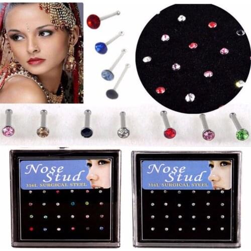 24pcs Hot Sale Stainless Surgical Steel Nose Stud Nose Piercing Fashion Body Jewelry Crystal Stud Silver Colorful Nose Ring
