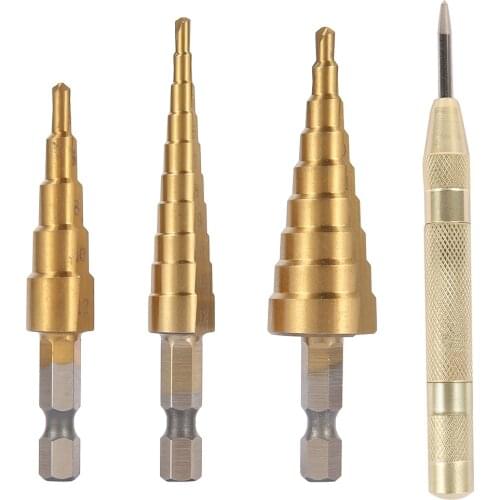 3 Pcs HSS Titanium Step Drill Bit Set & 1 Pcs Automatic Center Punch Titanium Coated Metal Hex Core Drill Bits