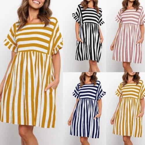 80% Hot Sales!!Woman Dress Ruffle Sleeve High Waist Cotton Blend Summer Striped Beach Dress for Ladies