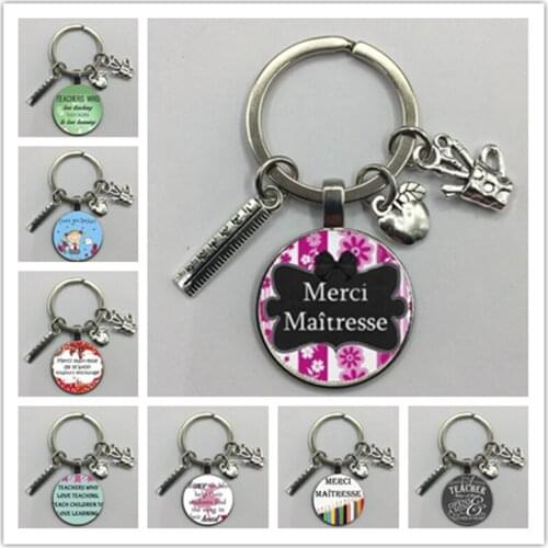 Teacher keychain glass pattern letters thank you teacher key ring teachers day gift time gem glass keychain holder