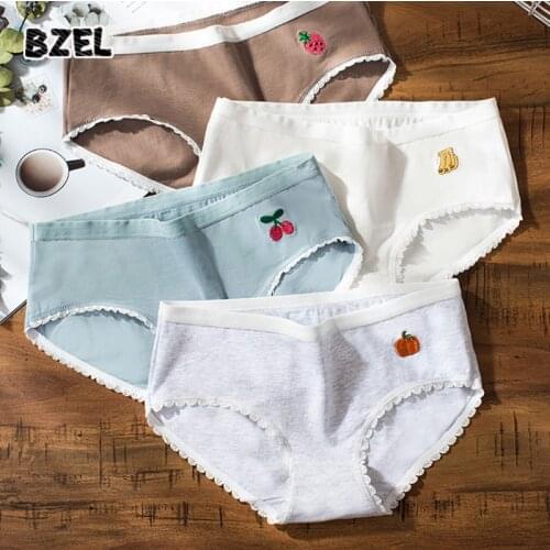 BZEL Cute Cartoon Embroidery Womens Cotton Panties Underwear Seamless Briefs Mid Waist Comfortable Breathable Lady Lingerie
