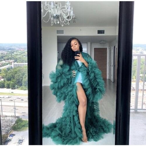 Cheap Chic See Thru Tulle Ruffles Black Long Kimono Tiered Ruched A-line Prom Gowns Puffy Sleeves African Cape Cloak