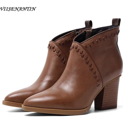 Fashion Genuine Leather Cowhide Retro British Pointed Toe Thick High Heel Ankle Short Riding Boots Slip-on Designer Shoes Women