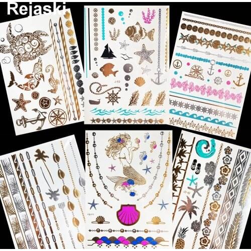 Ocean Starfish Mermaid Golden Metal Temporary Tattoo Jewelry Girl Hands Tattoo Stickers Shell Boat Women Arm Flash Tatoo Anchor