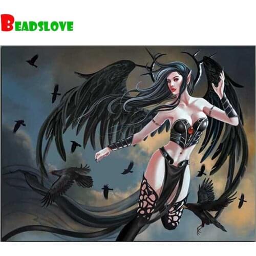 Diamond Painting Set Full Square Round Drill Black Wing Angel 5D Diamond Embroidery Painting Cross Stitch Mosaic Picture