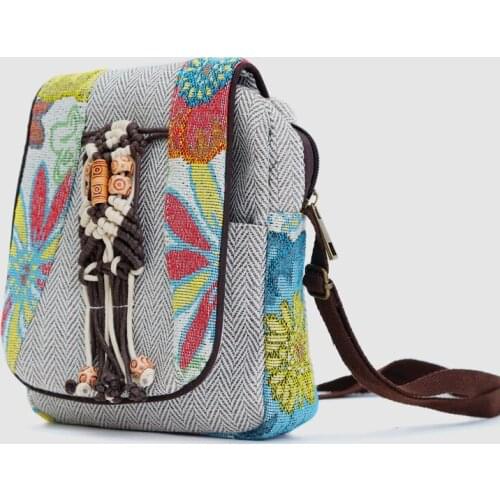 New ethnic style retro diagonal mobile phone bag female student small square bag double-layer cotton and linen fabric woven