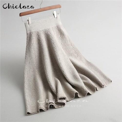 Autumn Winter Knitted Skirt Women High Waist A- Line Knit Vintage Slim Pleated Skirts