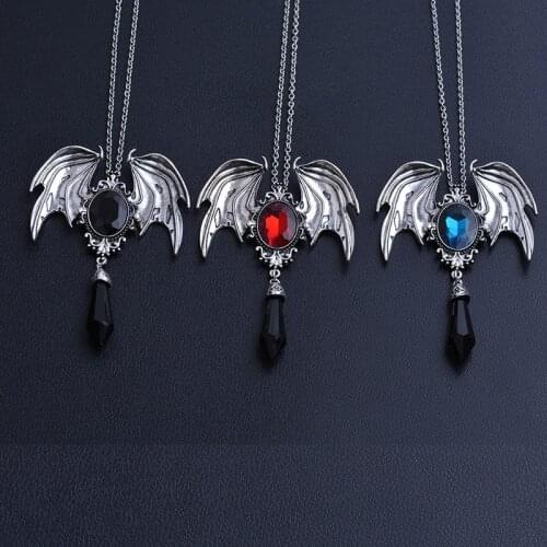 Gothic Victorian Silver Color Wings Big Red Crystal Chain Necklace for Women Men Fashion Vintage Pattern Bat Wings Jewelry
