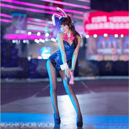 Sexy OW D.va Bunny Girl Cosplay D.va Rabbit Girl Cosplay Dva Mercy Cosplay with Ears Tie Tail D Va PU Suit Halloween Costume Wig