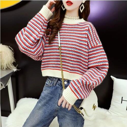 Striped knitted womens pullover sweater for fall/winter 2021 fashion new loose long-sleeved round neck color matching blouse