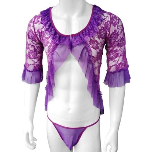 Sexy Lace Top Body Suit FOR Sissy Men Lingerie Open Chesk Thin See Through Men Gay Floral Erotic Intimates Body Nightwear