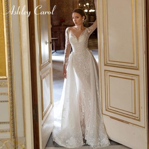 Ashley Carol Mermaid Wedding Dress 2021 Sexy Detachable 2 In 1 Long Sleeve Romantic Lace Appliques Bridal Dresses Robe De Mariee