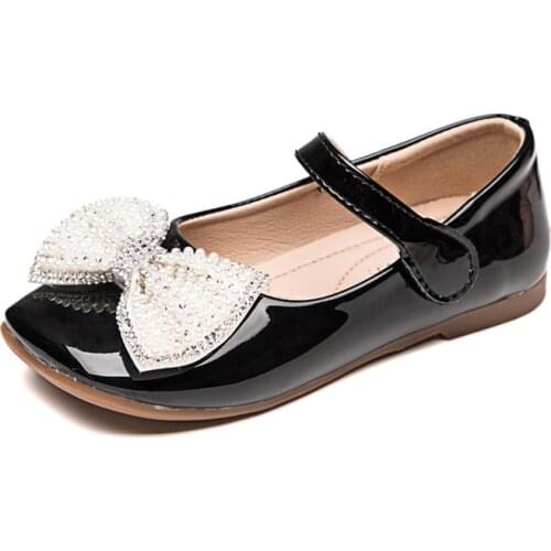 Black Party Shoes For Girls Little Kids Big Children Flats Casual Shoes With Beaded Pearls Bow-knot Princess Chic Elegant 23-36