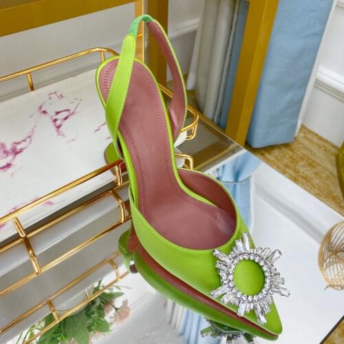 Casual Designer fashion women Pumps lady green satin strass point toe high heels slingback shoes Stiletto bride wedding shoes