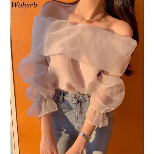 Woherb Slash Neck Long Sleeve Shirt Women Elegant Off Shoulder Korean Chic Blouse See Through All-match Tops Blusas Mujer